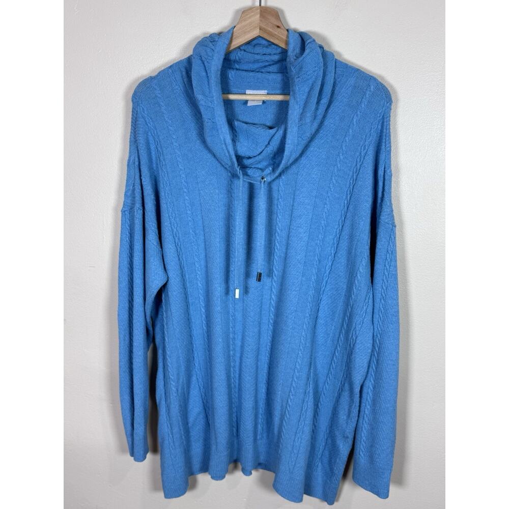 Chico’s Zenergy Sweater Cowl Neck Cable Knit Size 3 XL Cotton blend Coastal
